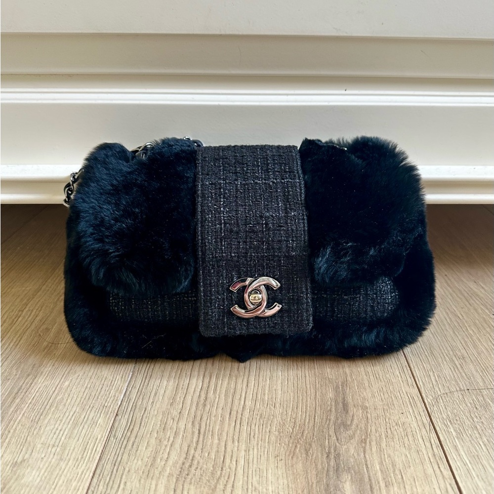 Chanel Black Fantasy Fur and Tweed Classic Flap Bag